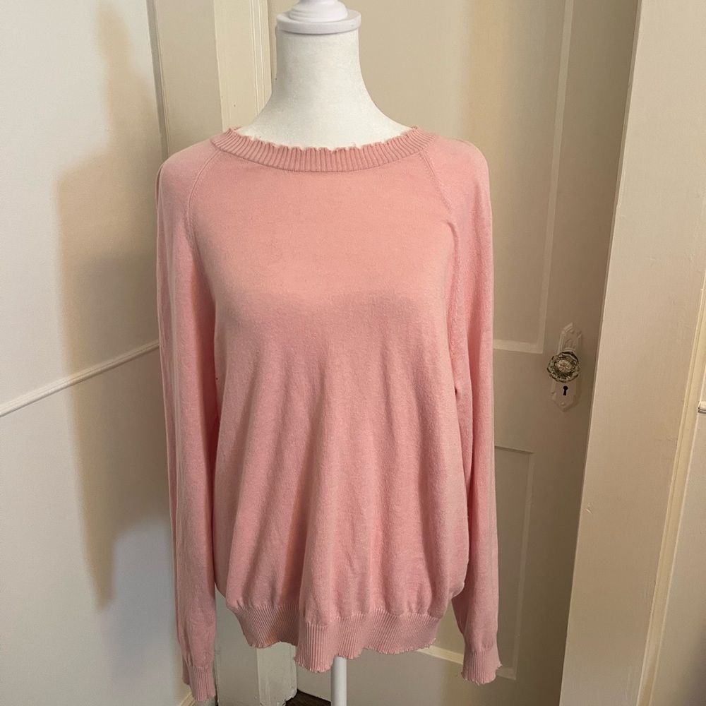Minnie Rose Pink frayed cotton/cashmere sweater LIKE NEW worn once